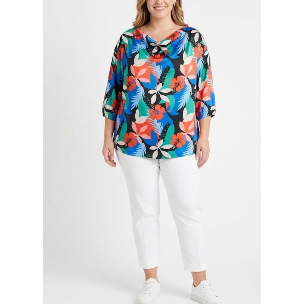 New IMAN Blouse 1X Multicolor Tropical Floral Cowl Neck 3/4 Sleeve Feminine
